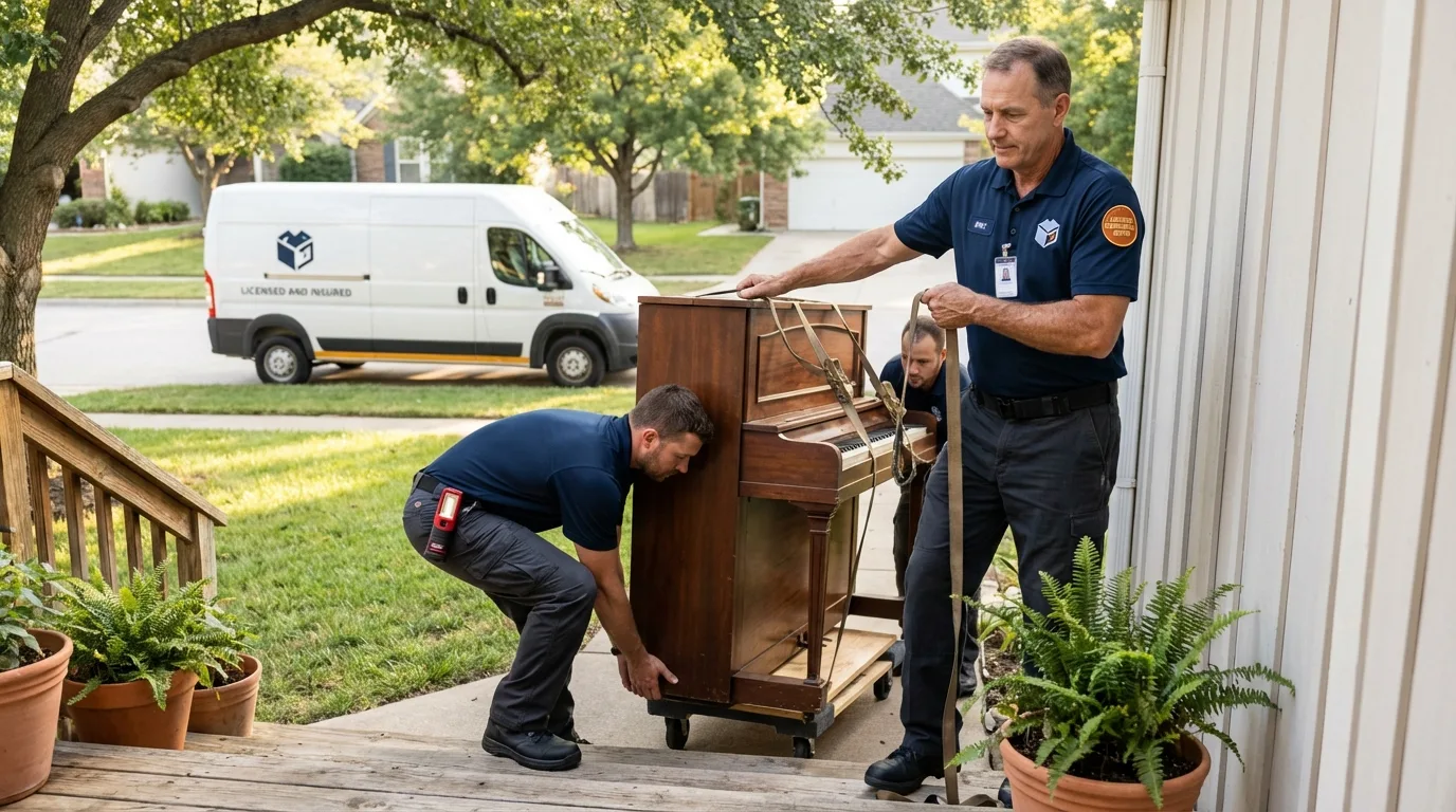 Licensed piano movers securing grand piano in Dulac, LA