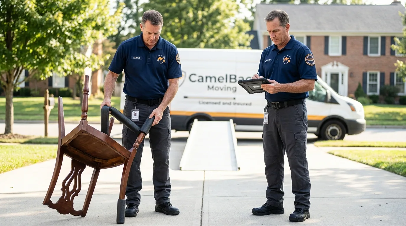 Movers inspecting furniture for damage prevention before loading in Dulac, LA