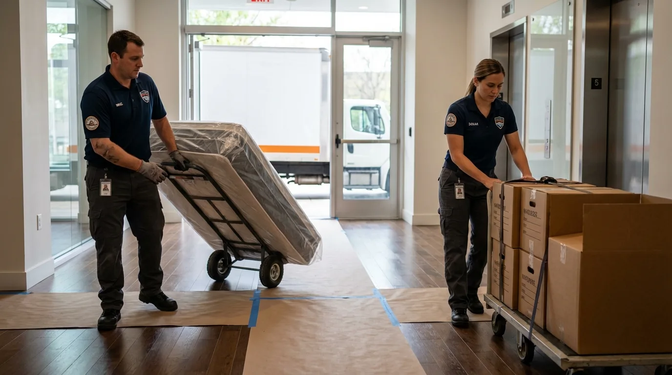 Professional apartment movers loading elevator in Dulac, LA