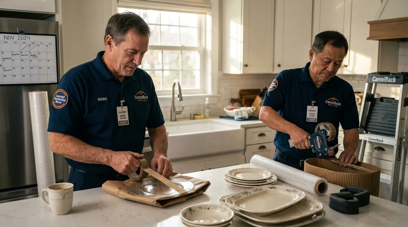 Professional crew packing kitchen dishware in Dulac, LA